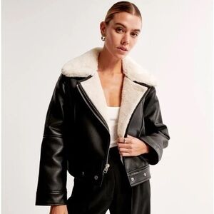 Abercrombie & Fitch Black Vegan Leather Jacket With White Faux Shearling Collar